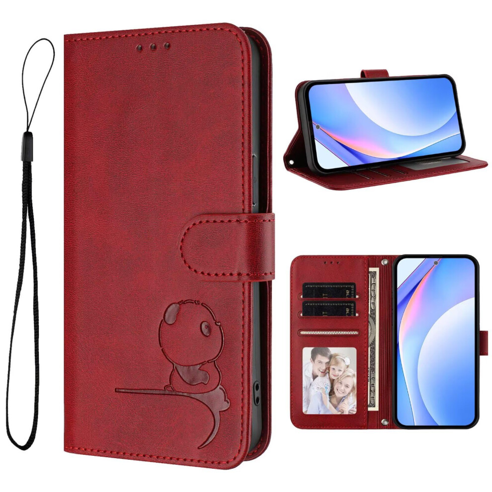 Samsung Galaxy A16 Case, Embossed Panda Leather Wallet Cover Wine Red 9365049192538
