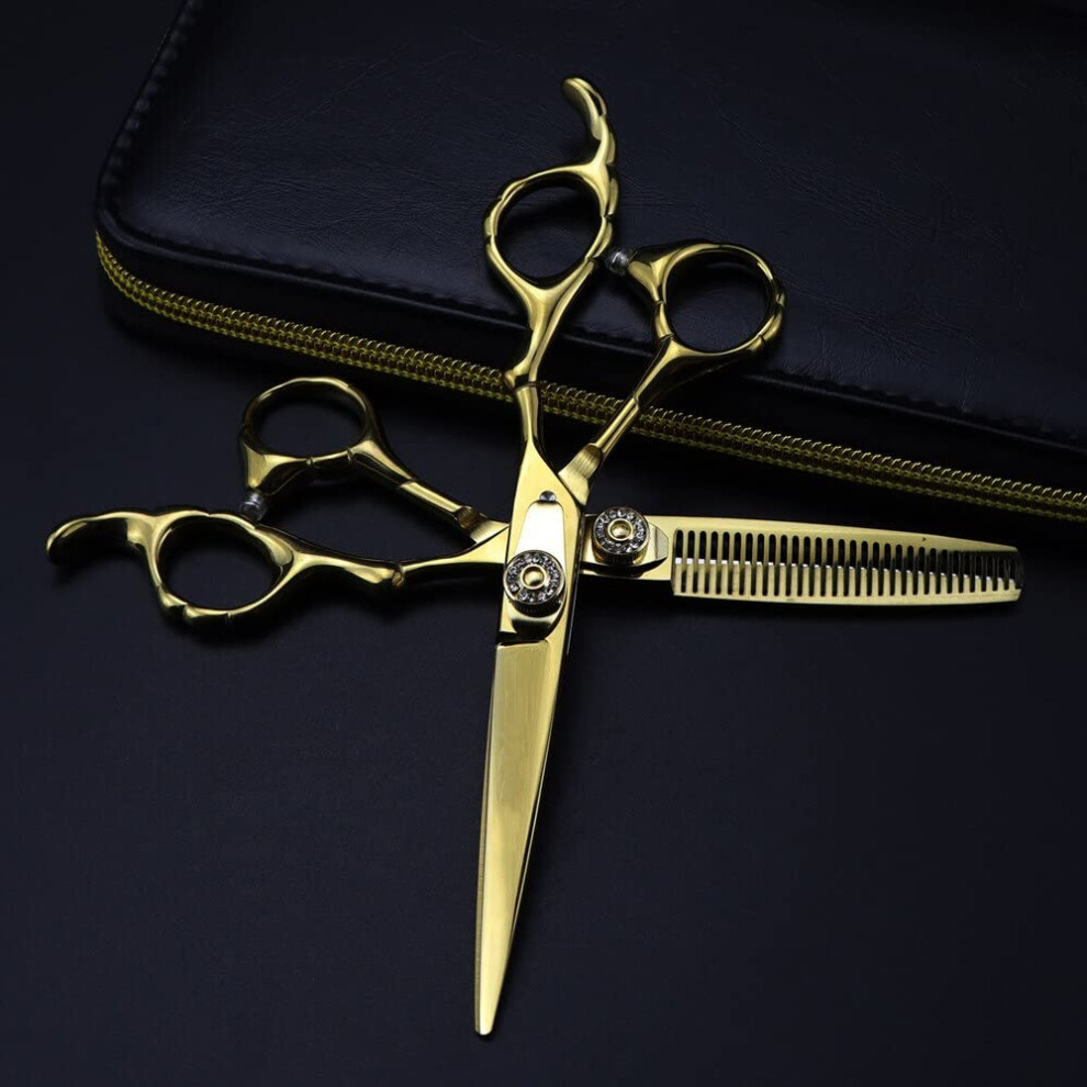 Gold Hair Cutting, 6Inch Professional Japan 440C Upscale Gem Scissor Cutting Barber Haircut Thinning Shears Hairdresser Hair Cutting Tools