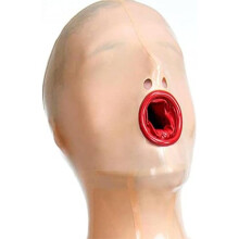 Nude Color Latex Hood with Red Mouth Opening, Open Nose Design, Back Zipper, X-Large Rubber Mask