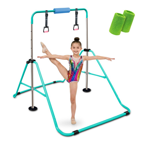 Gymnastics Bars with Rings/Pad/Wristband, Folding Horizontal Bar(Green)