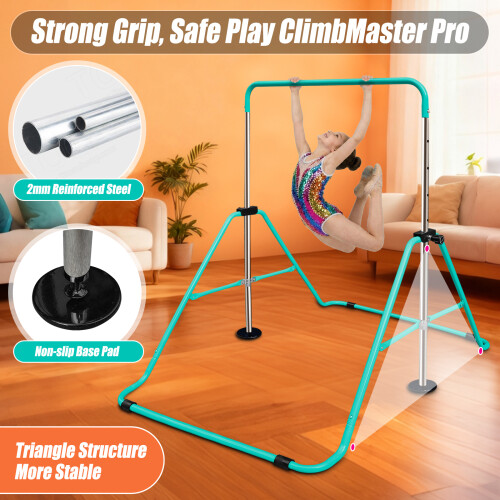 Gymnastics Bars with Rings/Pad/Wristband, Folding Horizontal Bar(Green) 1