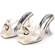 Women 9cm Transparent Heel Sexy Heels Summer Bow Mules Sandals Wedding Prom Stripper Club Shoes Plus Size /B/40EU 40EU B