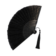 Vintage Handheld Folding Fan With Flower Lace Design-Black