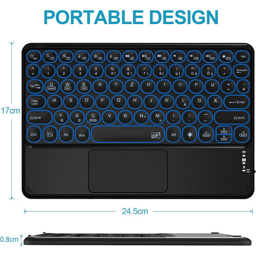 Ultra-Slim Bluetooth Keyboard with Touchpad, Backlit for iOS Android Windows Devices, Portable & Rechargeable (Black) 2