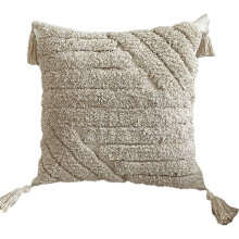 Neutral Throw Pillow Case, Boho Rectangle Throw Pillow Cover with Hand-Woven Tufted Decorative Details, Soft Wool Fabric for Bohemian Inspired Farmhou