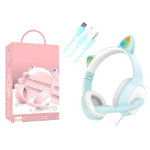 Căști adorabile cu urechi de pisică pentru copii, tehnologie Bluetooth 5.3, lumini LED, limitare volum 85dB pentru protecție auz, pernițe