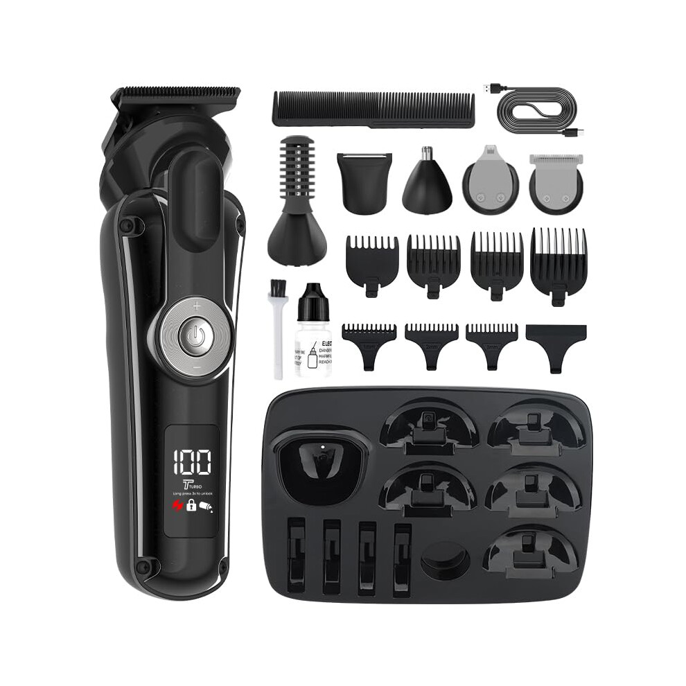 Black Barber Clippers Set, Cordless Mens Hair Clippers Rechargeable Beard Trimmers Kit,