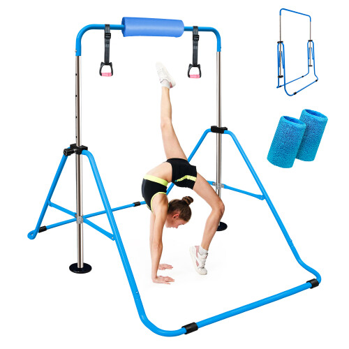 Gymnastics Bar Folding Horizontal Bar with Rings/Pad/Wristband(Blue)
