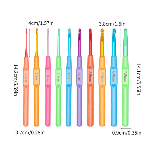 10 Pcs Crochet Hook Set Colourful Crochet Needle 2.0-7.0mm 2