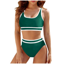 Men's Two Piece Swimsuit Long Sleeve Swim Color Block Waist Cut Stretch Green M
