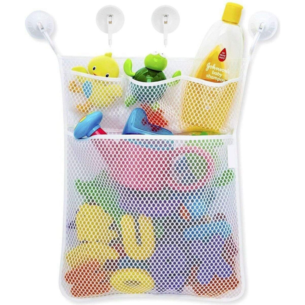 Bath Toy Organizer Mesh Net For Bathtub With 4 Removable Suction Cups, Holds Bath Toys