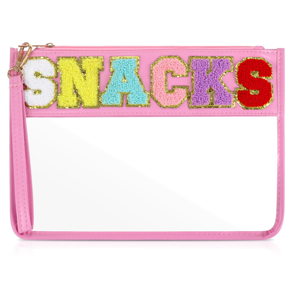 Clear Makeup Organizer Bag For Travel, Chenille Letter Bag, Waterproof Pouch, Glitter Patch Letters, Nylon Zipper, Pink