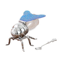 Bee Shaped Honey Jar With Spoon Decorative Condiment Canister, Blue, For Honey, Sugar, Oil