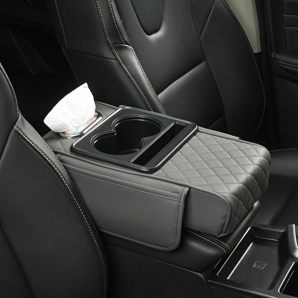 Car Armrest Organizer With Cup Holder And Tissue Slot Multifunctional, Universal Fit, Gray 9365049215602