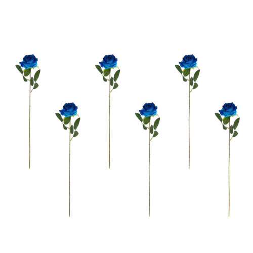Pack of 6 Sturdy Flocking Touch Artificial Roses-Royal blue