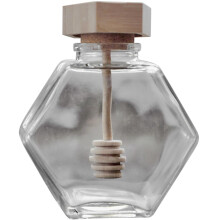 Glass Honey Pot With Wooden Lid And Spoon, 220ml, Hexagonal, Sealed Dispenser For Honey Or Jam, Kitchen Use, Clear