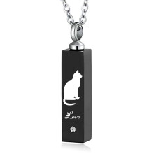 Cremation Pendant Bar Rectangle Black Urn Necklace for Pet Cat Memorial with Birthstone Crystal Keepsake Jewelry