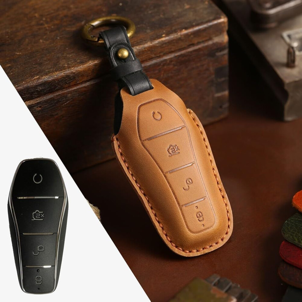 Leather Car Key Cover For Byd Atto 3 Han Ev, Tailored Fit, Leather, Enhanced Grip, Brown 9365049223867