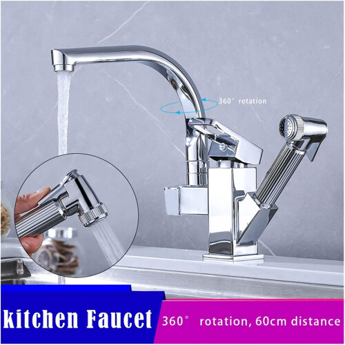 Faucet 360Degree Swivel Deck Mounted PullOut Kitchen Mixer Tap Flexible Hot Cold Black Square 1