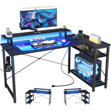 L-shaped Gaming Desk with Led Light & Sockets, with Storage Shelves, Monitor Stand for Studying, Gaming and Working,120x70cm,