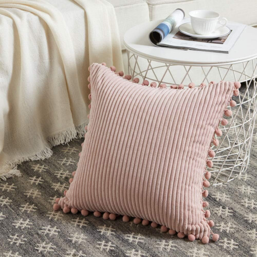 Capa de almofada retangular de veludo cotelê listrado com pompons, lavável à máquina, 30x50cm (12x20 polegadas), conjunto com 2 unidades. 2