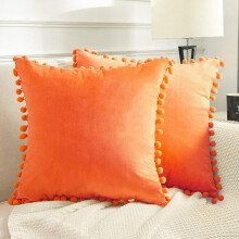 Décoration d'automne pour la maison, lot de 2 taies d'oreiller 50 x 50 cm orange vif effet velours à pompons et fermeture éclair invisible, pour