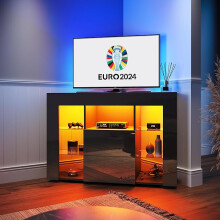 Corner TV Stand with RGB Lights, 100cm High Gloss Black TV Unit with 2 Glass Shelves and 2 Drawers(Rebound Device), Led TV Unit for Living Room