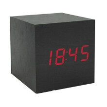 Wekker met houten textuur, modern kubusvormig ontwerp met zacht lcd-scherm voor thuis, kantoor en op reis. Compact en draagbaar met meerdere