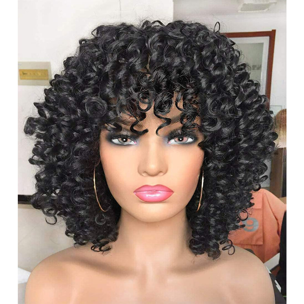 Unisex Black Short Curly Wig For Women With Bangs, Kinky Curly Afro Wig, Heat Resistant Soft Synthetic Wig,