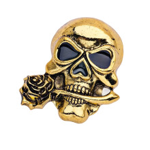 Skull With Rose Pin Gothic Mens Accessory Alloy Brooch-Gold