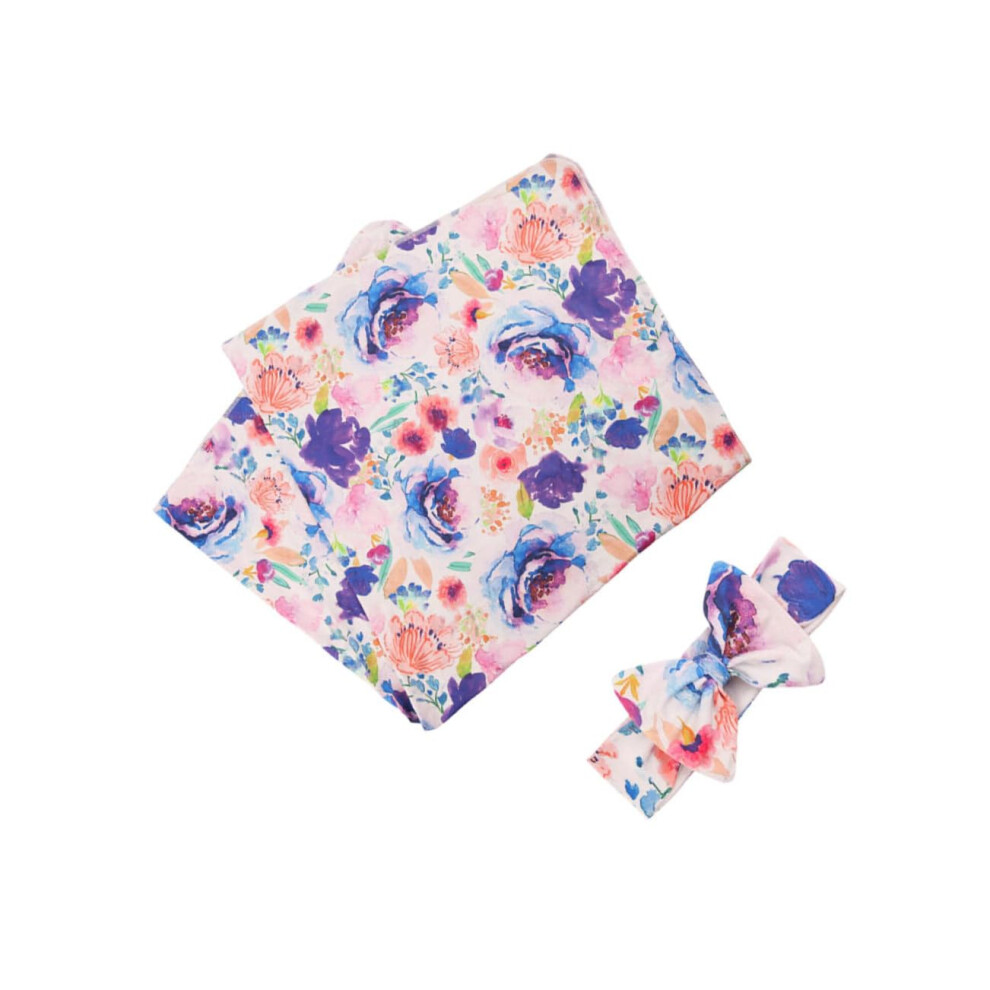 Newborn Floral Swaddle Wrap Set With Headband, Soft Cotton 2Piece Baby Swaddle Blanket For Infants, Photography Prop