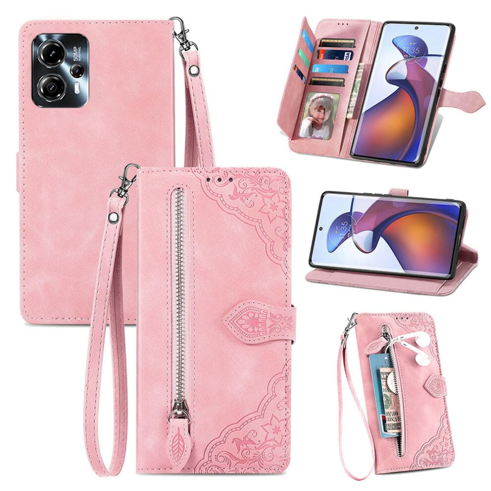 Motorola Moto G23 Phone Case With Card Slots, Zipper Wallet, Tpu Dual Layer, Embossed Skin Feel, Pink 9365049233149