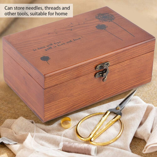 Sewing Basket, Pine Wood Needle Thread Storage Box, DIY Sewing Tools Organizer, Taraxacum Pattern Empty Box 2