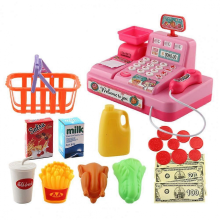 Pink Cashier Toys Set with Accessories Basket, Mini Store Pretend Play for Kids