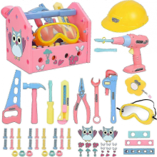 Coffret d'outils de construction pour filles avec chapeau, boîte, mètre, perceuse et marteau.