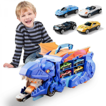 Camion dinosaure bleu transformable avec circuit de course, 4 voitures, cadeau pour garçons 3-8 ans.