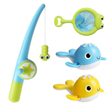 Giocattoli da bagno educativi per bambini, set da pesca con spruzzatore d'acqua, azzurro + giallo