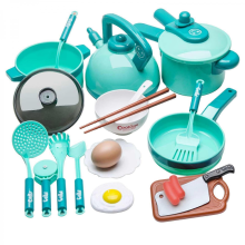 Ensemble de cuisine bleu (20 pièces) : casseroles, poêles et aliments factices pour enfants