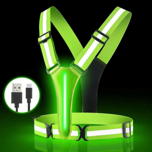 Gilet LED réfléchissant USB rechargeable, sécurité course nocturne, taille ajustable.
