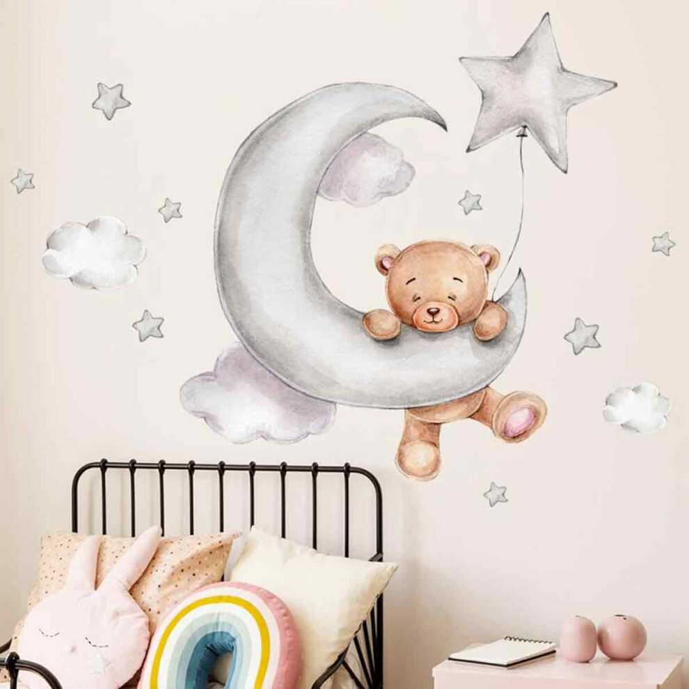 Nursery Wall Decals Cute Teddy Bear Design with Moon And Stars Theme Easy To Apply Self Adhesive Decal for Kids Bedroom Decor