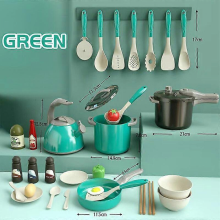 Ensemble de 32 pièces de cuisine verte pour enfants avec casseroles, poêles et ustensiles. Idéal pour jeux de rôle.