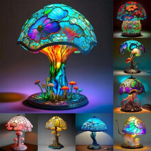 Stained Glass Table Lamp With Resin Plant Motif, Animal Design, Soft Night Light, Colorful