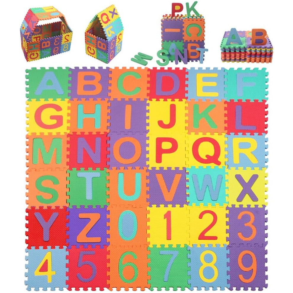 Playful Learning Mat for Children, Easy to Clean Interlocking EVA Foam Tiles with Alphabet and Numbers, Non-Toxic Waterproof Surface, Educational Play