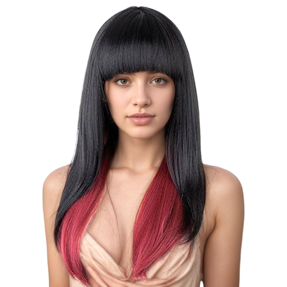 Straight Wig with Bangs 24 Inch Long Synthetic Wig HeatResistant Black And Wine Red For Women