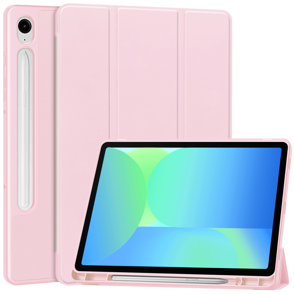 (Pink) For Samsung Galaxy Tab S10 Lite / S10 Fe / S9 Fe Stand Case Shock-Absorbent Leather Tablet Cover With Pen Slot Pink 6914283693177