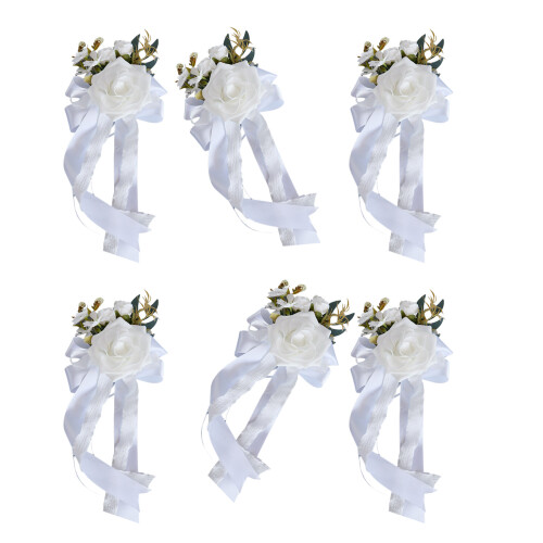6Pcs Wedding Car Accessory with Silk Flower for Door-White
