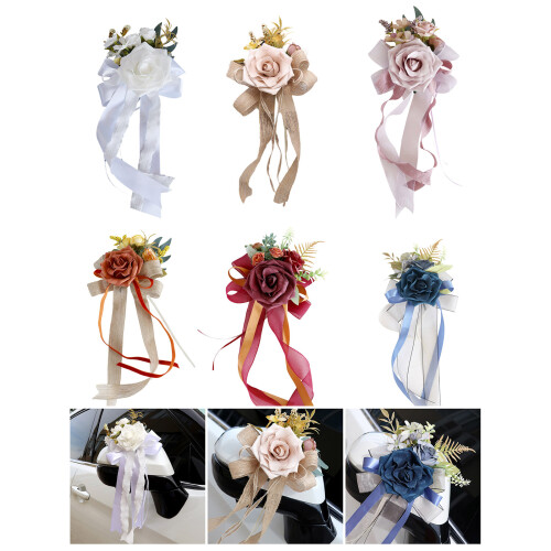 6Pcs Wedding Car Accessory with Silk Flower for Door-White 2
