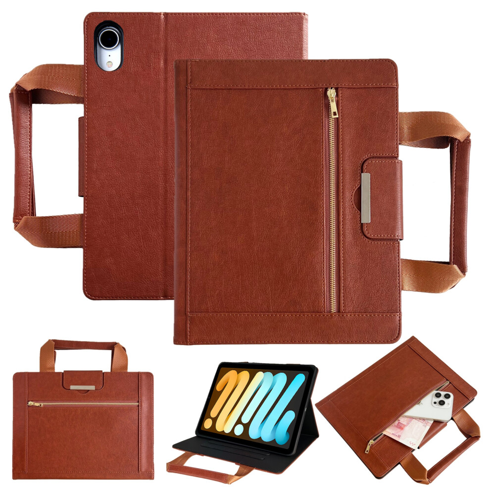 (Brown) Tablet Case For Ipad Mini (2024) / (2021) Auto Wake / Sleep Leather Cover With Handle / Zipper Pouch Brown 6914284816391