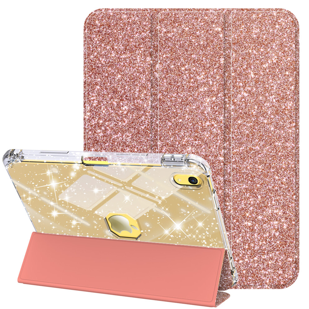 (Rose ) For Ipad (2025) / Ipad 10.9 (2022) Case With Pencil Slot Tri-Fold Stand Glitter Protective Tablet Cover Support Auto Wake / Sleep Gold 6914289547351