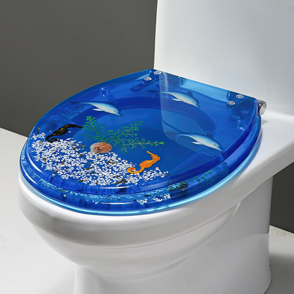 16.5' Resin Toilet Seat Round Quiet Softclose Lid Heavyduty Ocean Series 3D Decorative Quickrelease Hinges 9119770966049